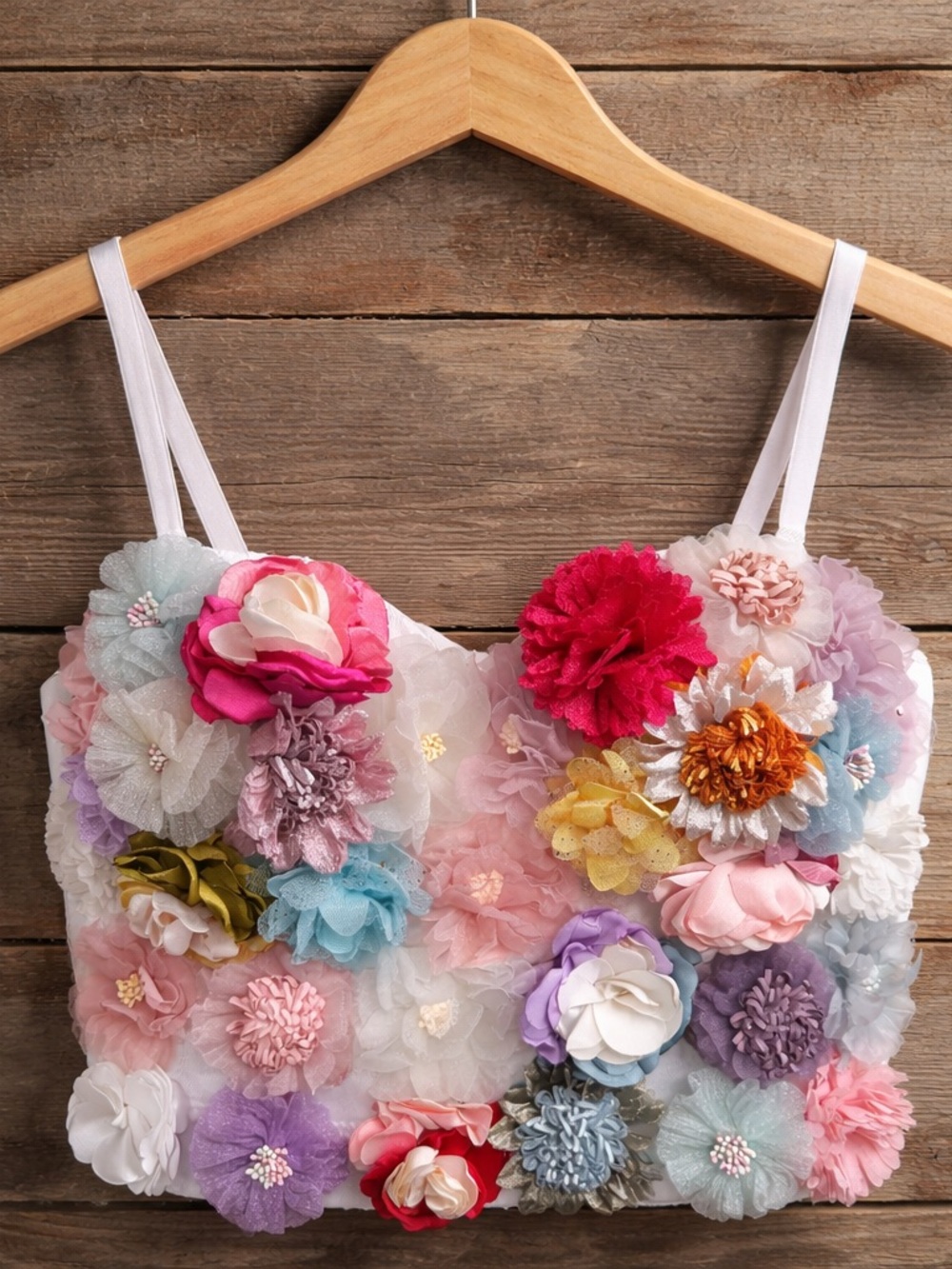 Main Strip white crop top bustier floral 3D appliqué new - Picture 3 of 15